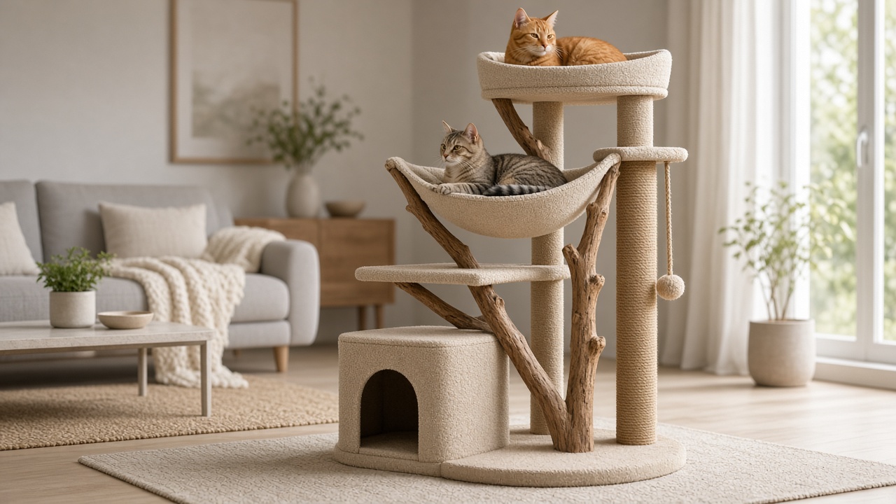 Grand arbre à chat multi-niveaux pour deux chats