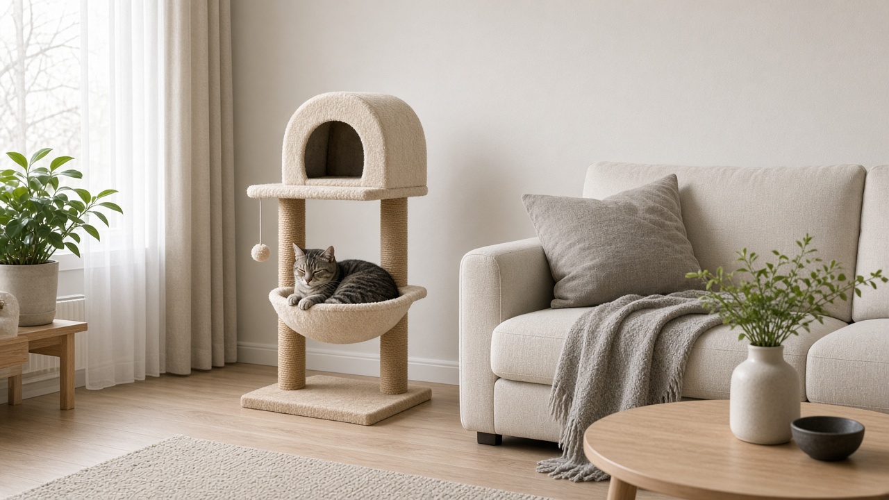 Arbre à chat compact dans un petit salon d'appartement