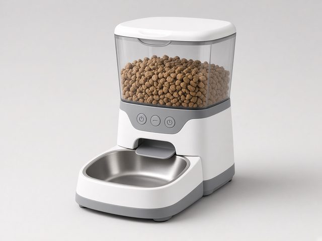 Distributeur de croquettes programmable blanc et gris avec réservoir transparent et bol inox