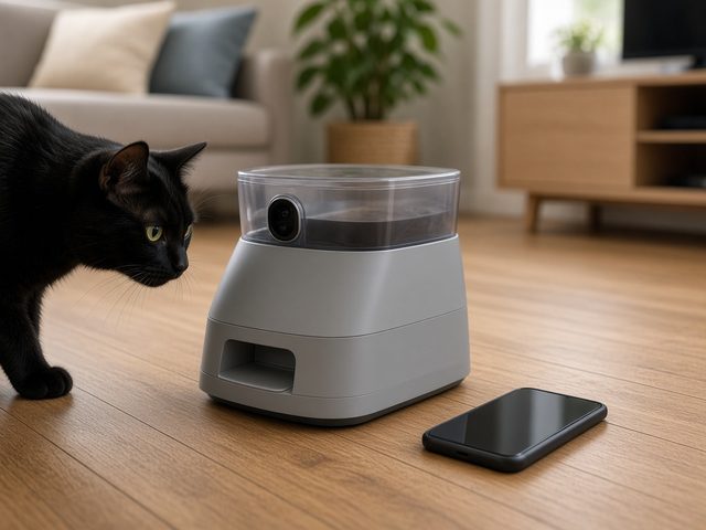 Distributeur de croquettes connecté avec caméra posé sur un parquet, chat noir curieux et smartphone à côté