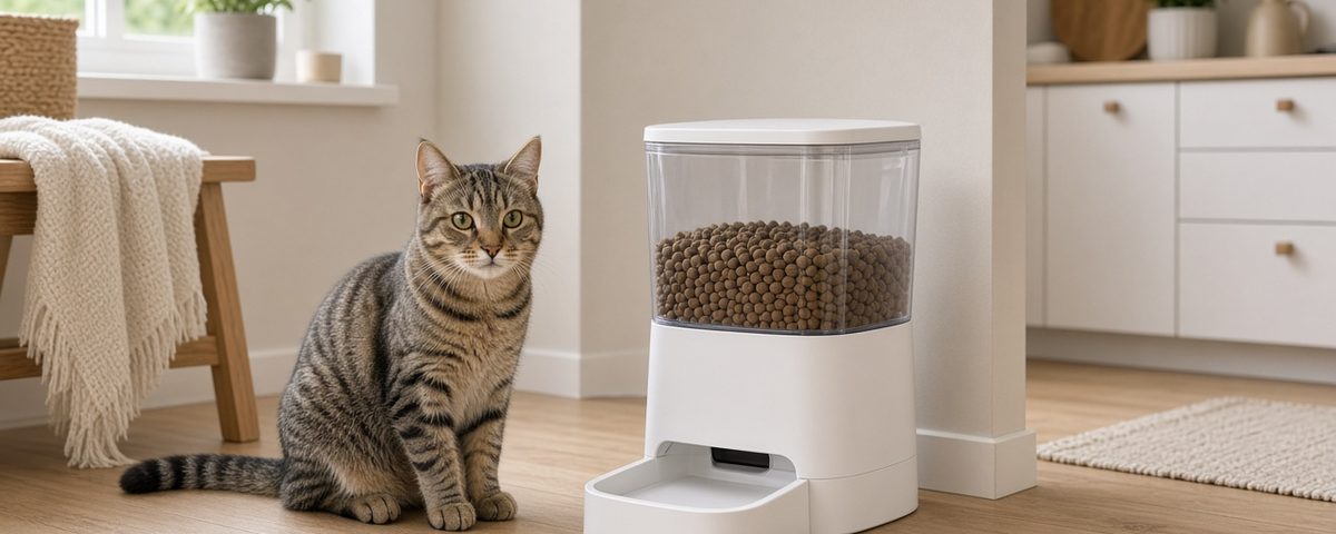 Chat tigré assis à côté d’un distributeur de croquettes automatique blanc dans une cuisine lumineuse