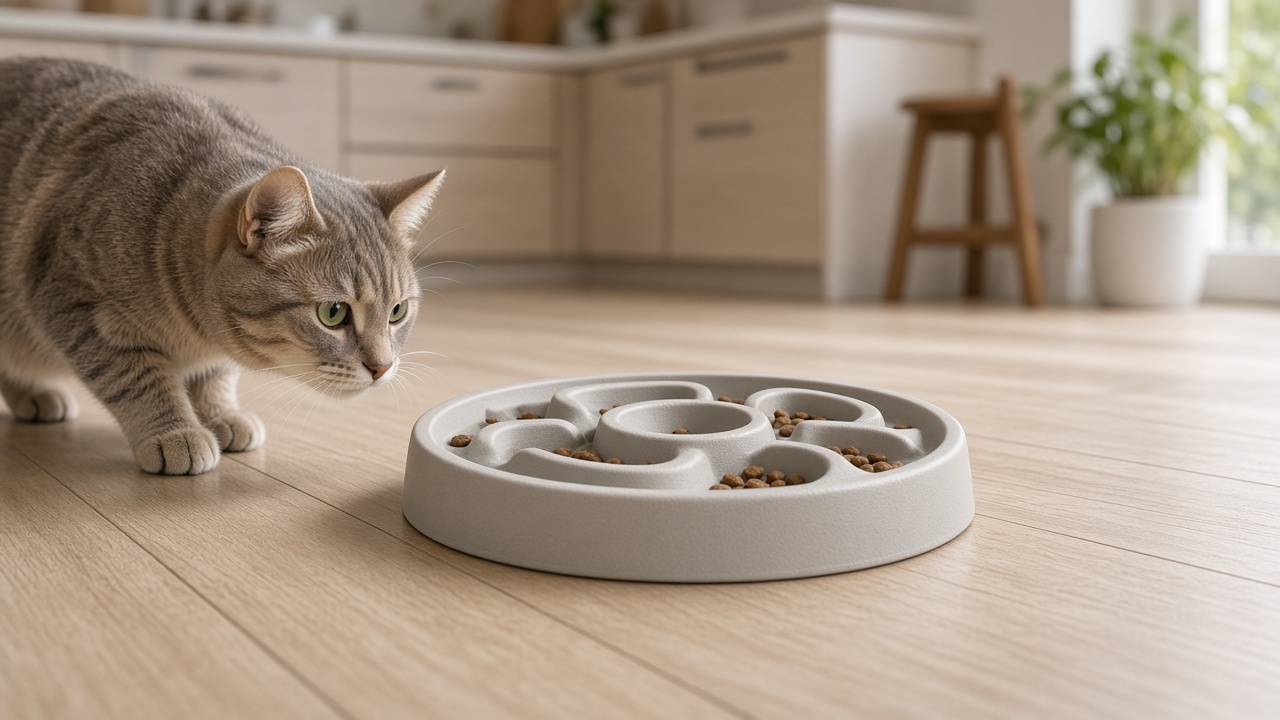 Gamelle anti-glouton labyrinthe avec croquettes pour chat