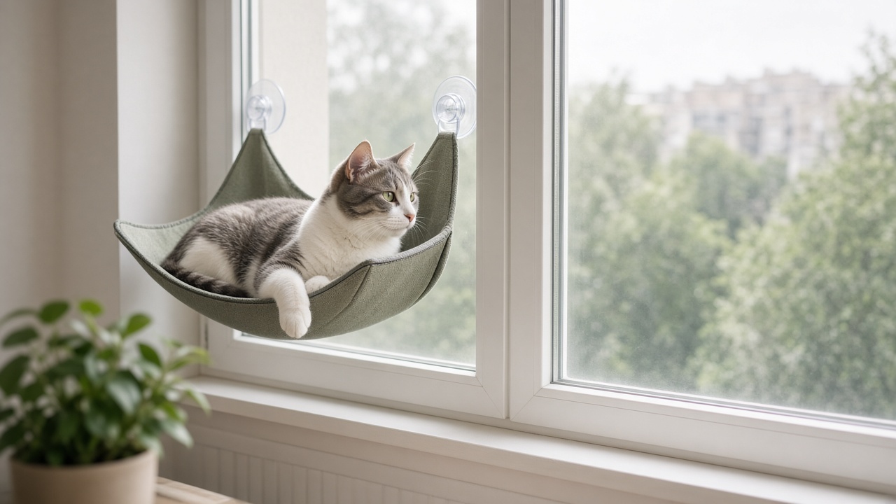 Chat confortablement installé dans un hamac de fenêtre