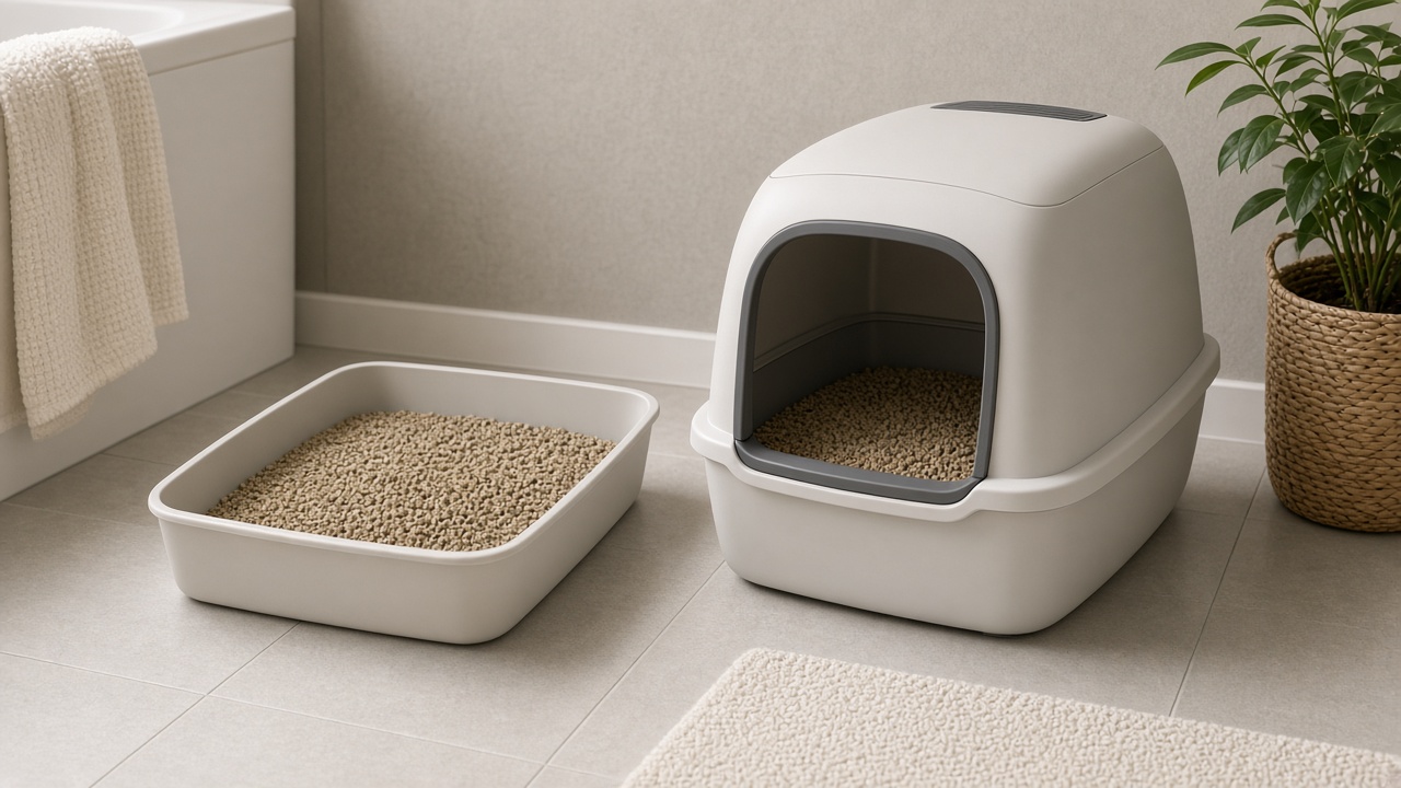 Bac à litière ouvert et maison de toilette fermée pour chat