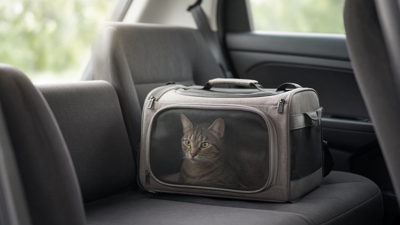 Caisse de transport pour chat installée sur le siège arrière